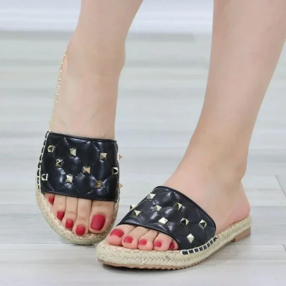 Black Flat Sandal Slip On Sliders Trendy Espadrille Gold Studs Quilted Toe Band - Picture 2 of 13